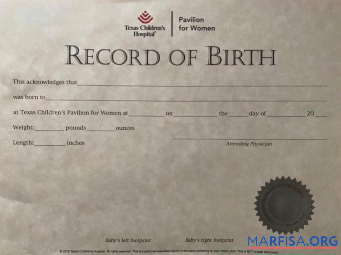 Realistic United States Texas Children's hospital birth certificate sample